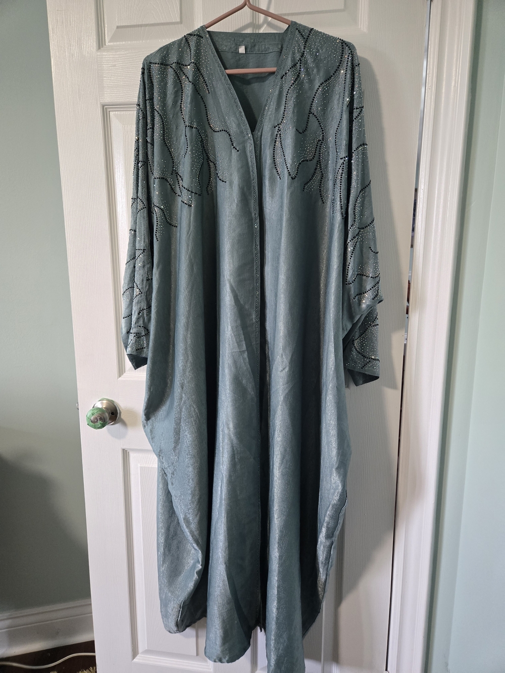 Elegant Light Turquoise Women's Suede Open Abaya with Embellished Sleeves